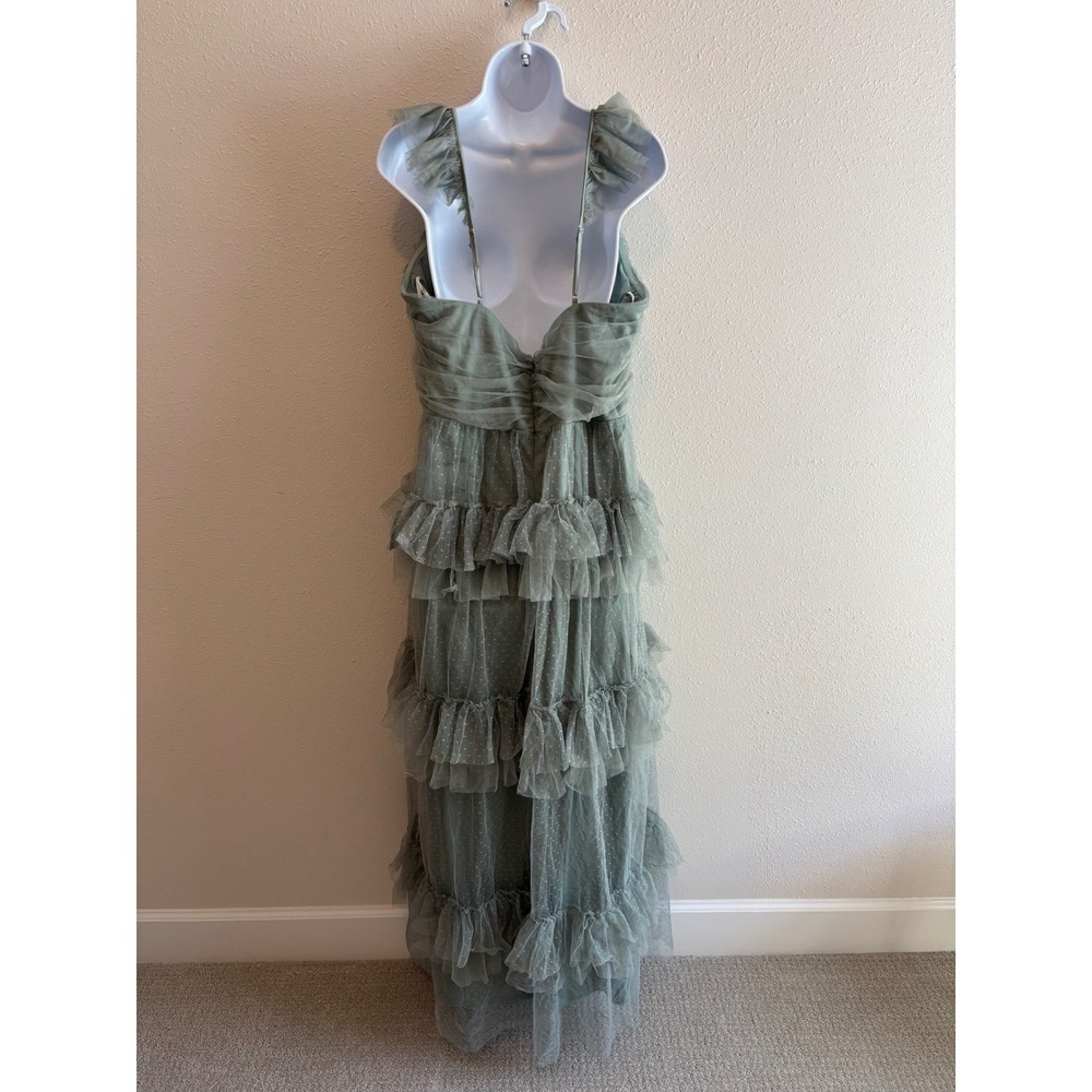 NWT Lulus Pure Radiance Sage Brush Mesh Swiss Dot Tiered Maxi Dress Romantic - Picture 5 of 9